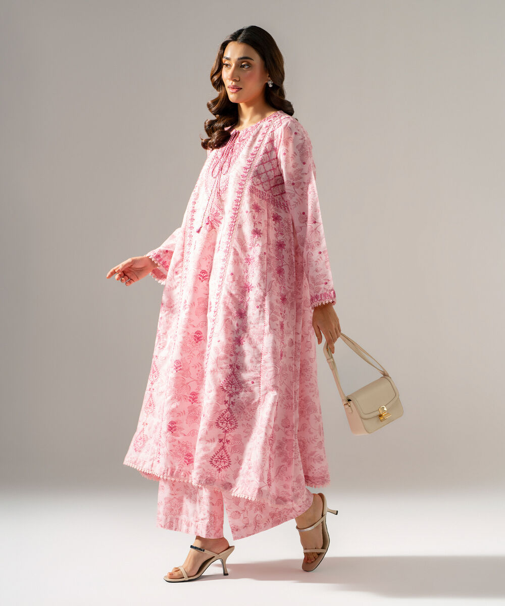 Women's RTW Fancy Cotton Printed Embroidered Pink 2 Piece Suit