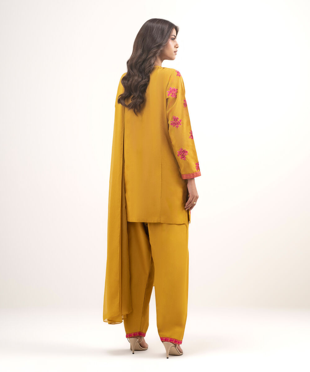 Women's RTW Self Jacquard Embroidered Mustard Brown 3 Piece Suit