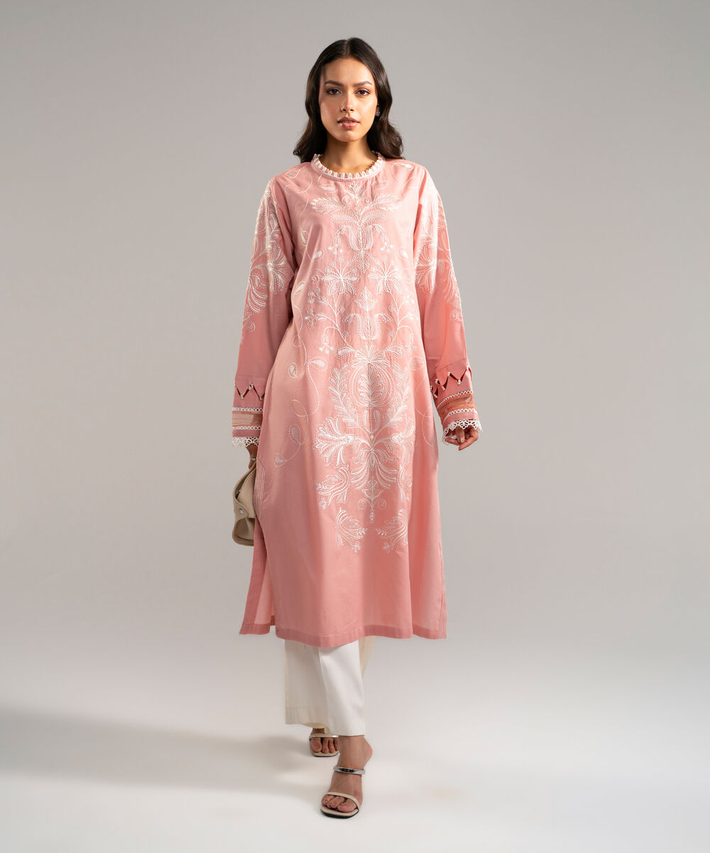 Women's RTW Zari Lawn Embroidered Pink Straight Shirt