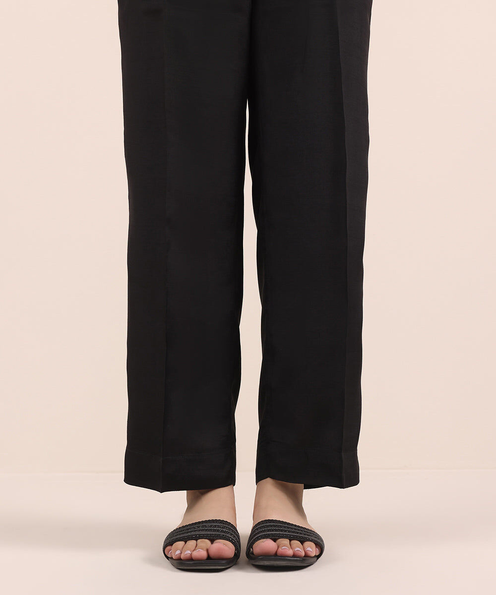 Woman - Black Raw Silk Straight Pants
