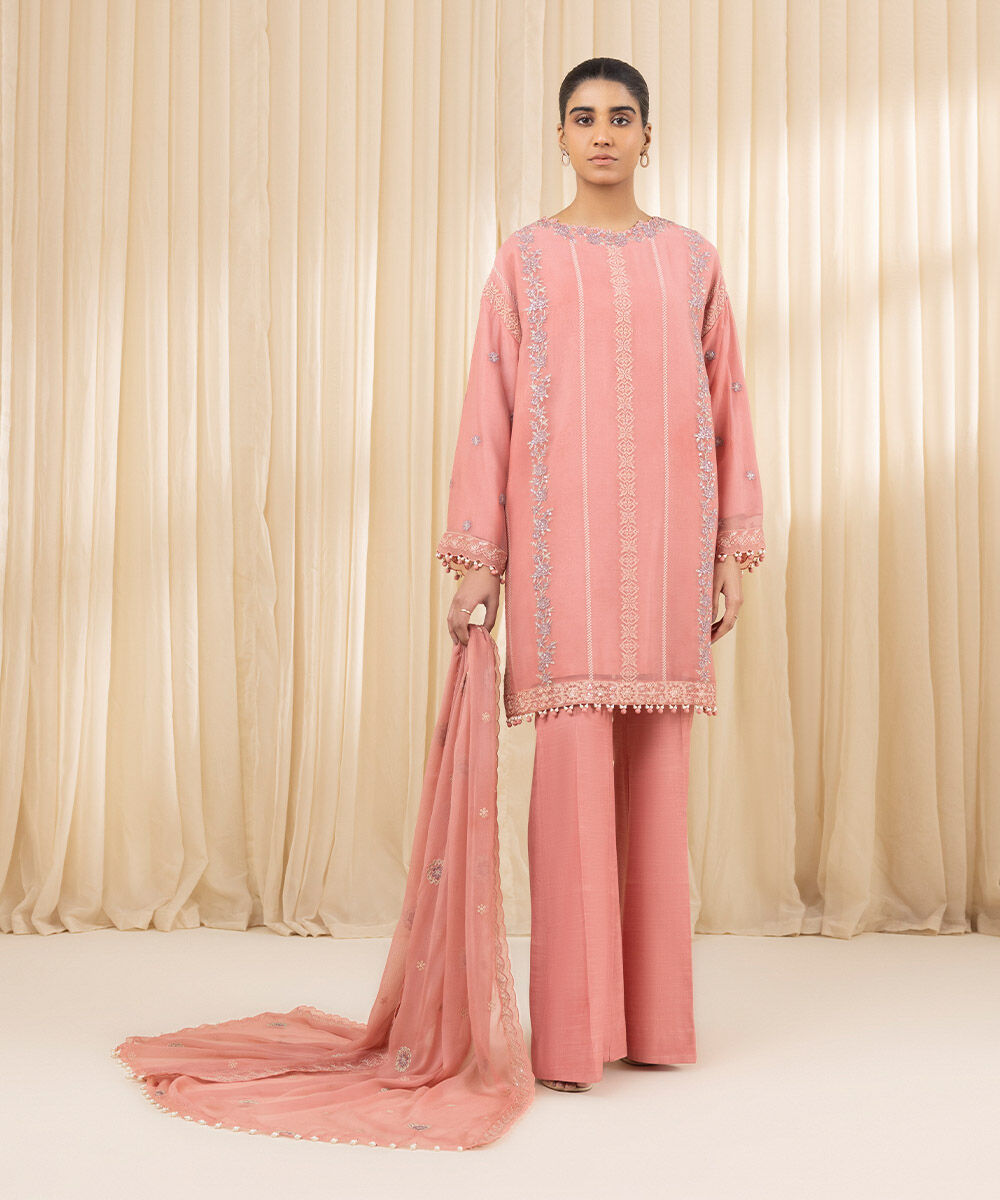 Unstitched Women's Embroidered Blended Chiffon Pink Three Piece Suit