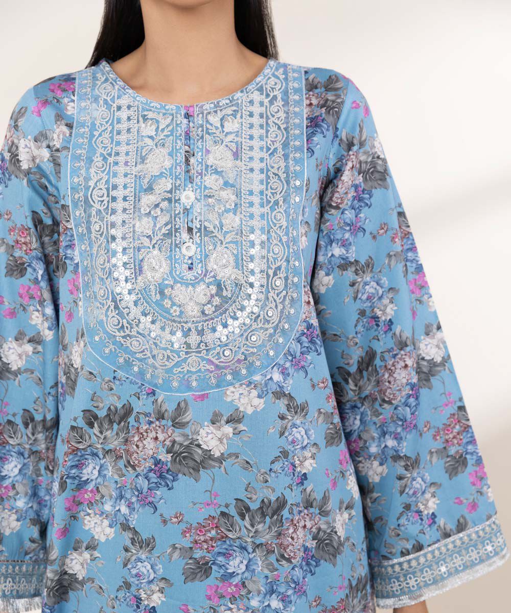 Women's RTW Cotton Satin Blue Embroidered A-Line Shirt