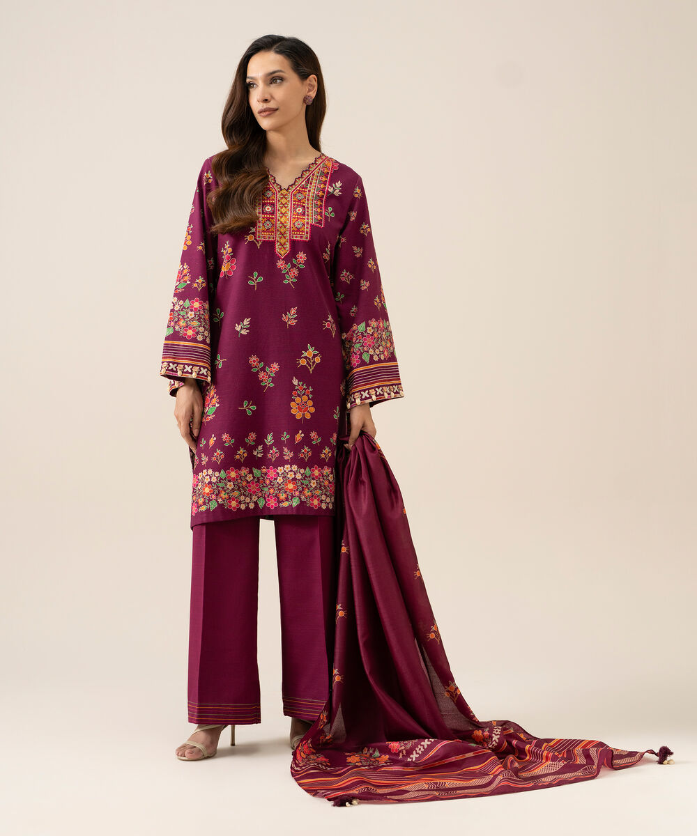 Women's Unstitched Light Khaddar Embroidered Magenta 3 Piece Suit