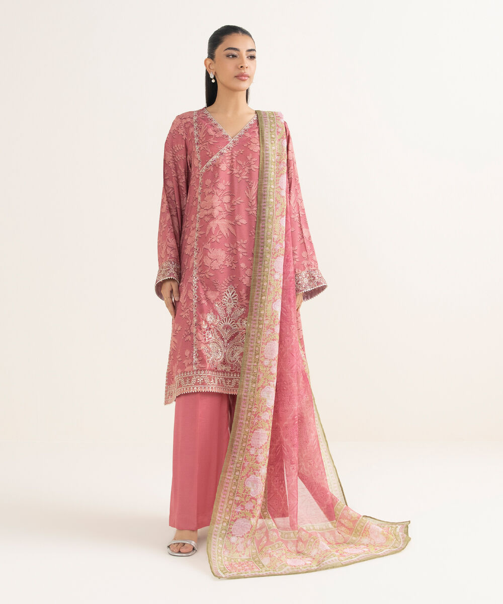 Women's RTW Dobby Embroidered Pink 3 Piece Suit