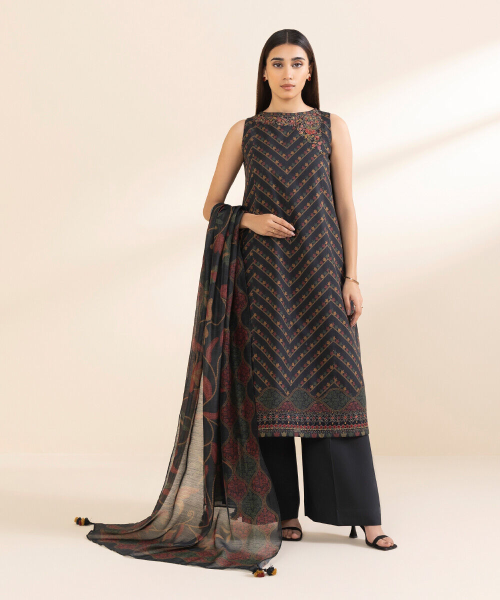 Unstitched Women's Embroidered Lawn Black Three Piece Suit