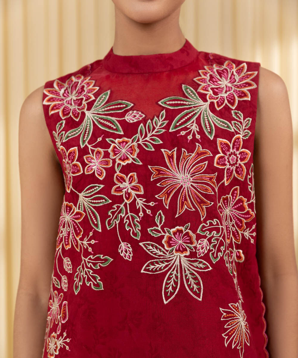 Unstitched Women's Red Cotton Jacquard 3 Piece Suit