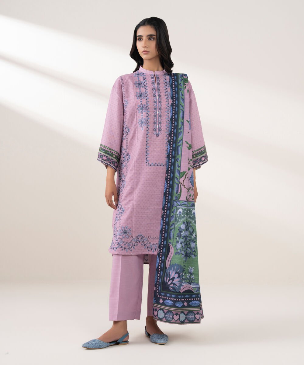 Women's RTW Khaddar Embroidered Pink 3 Piece Suit