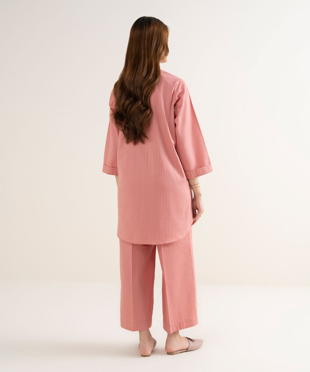 Women's RTW Handwoven Dobby Solid Button Down Pink Shirt