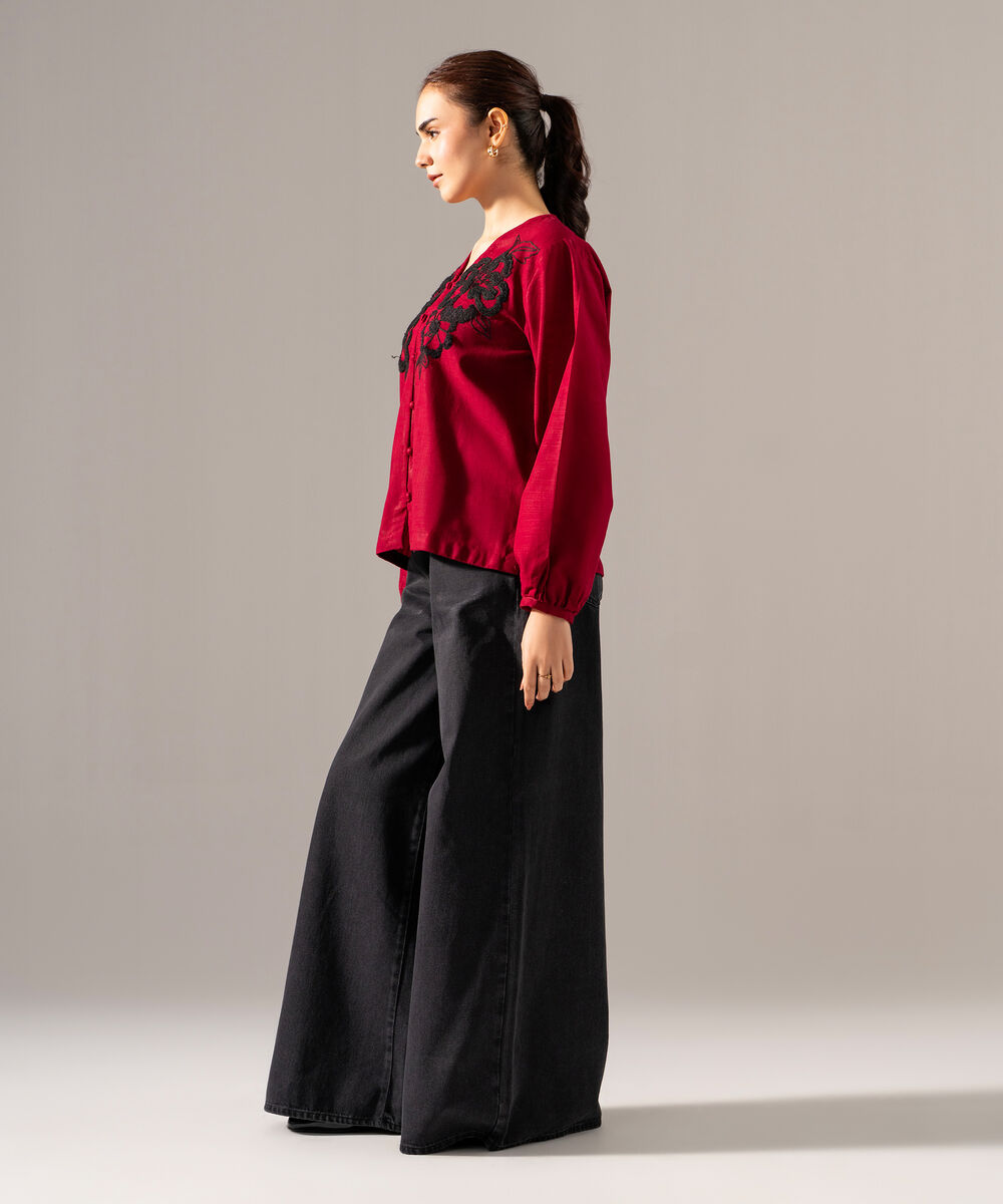 Women's RTW Khaddar Solid Embroidered Maroon Straight Shirt