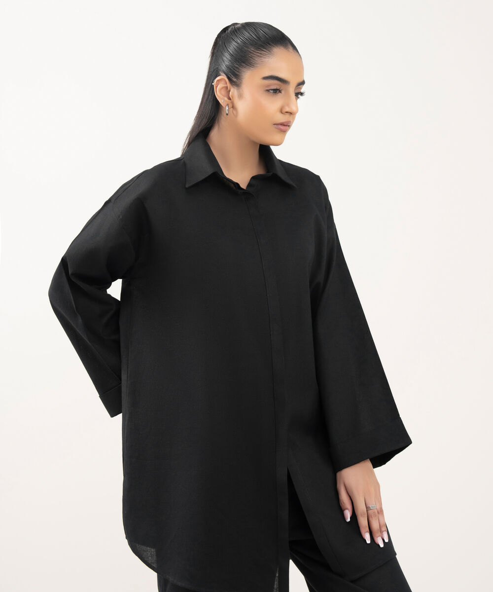 Women's RTW Cotton Linen Black Solid Button Down Shirt