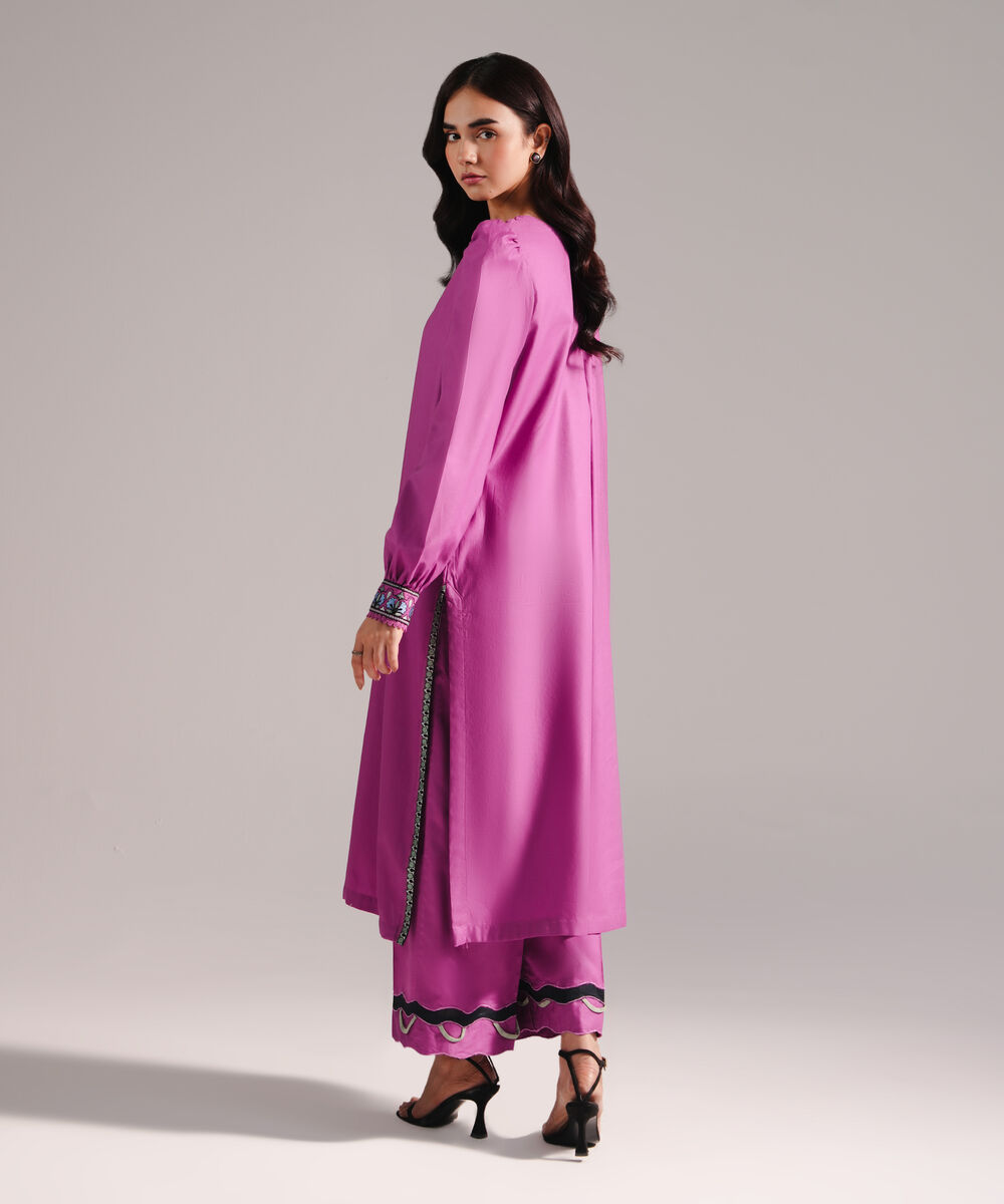 Women's RTW Cotton Satin Embroidered Purple 2 Piece Suit