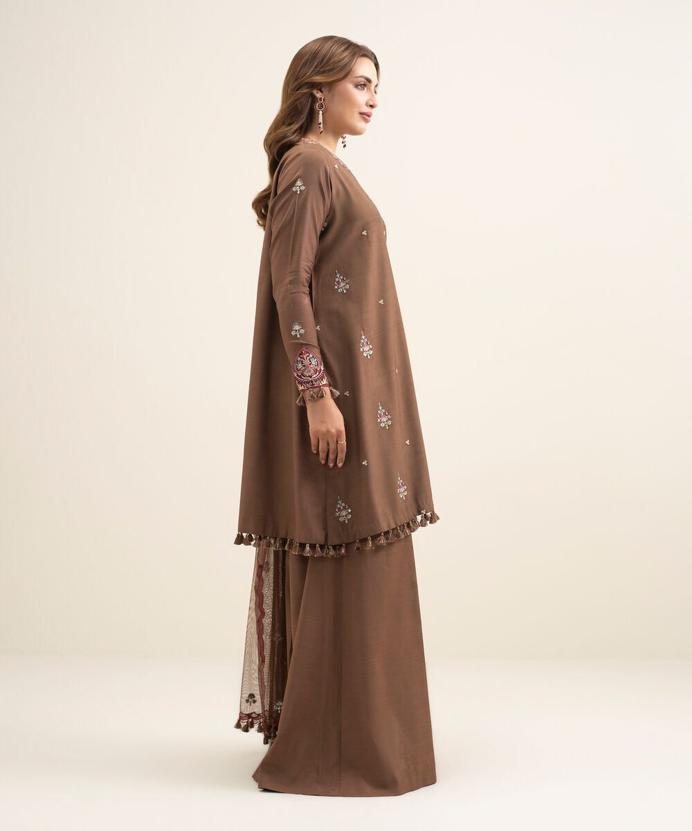 Women's Unstitched Viscose Raw Silk Embroidered Brown 3 Piece Suit