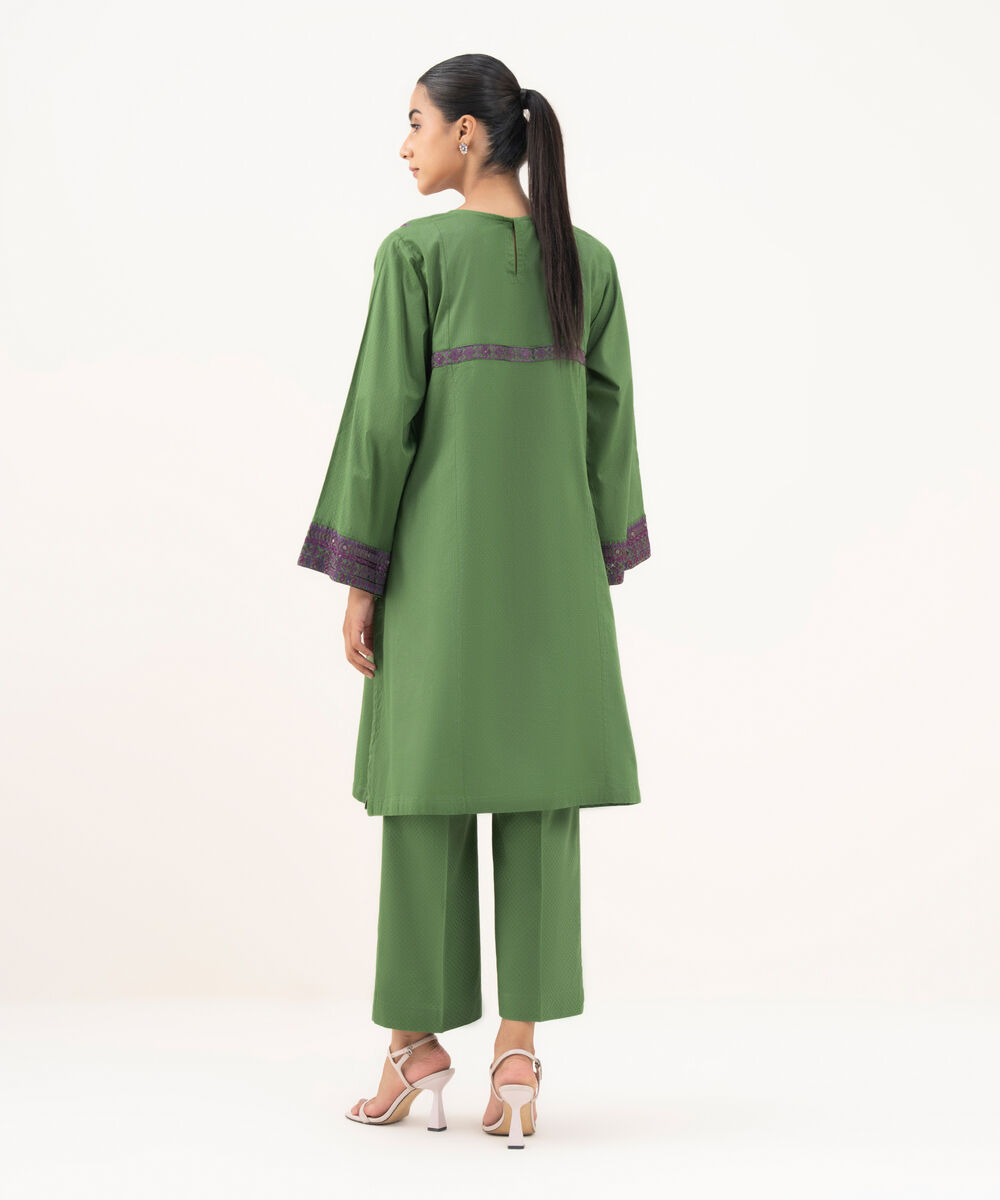 Women's RTW Textured Lawn Green Embroidered A-Line Shirt