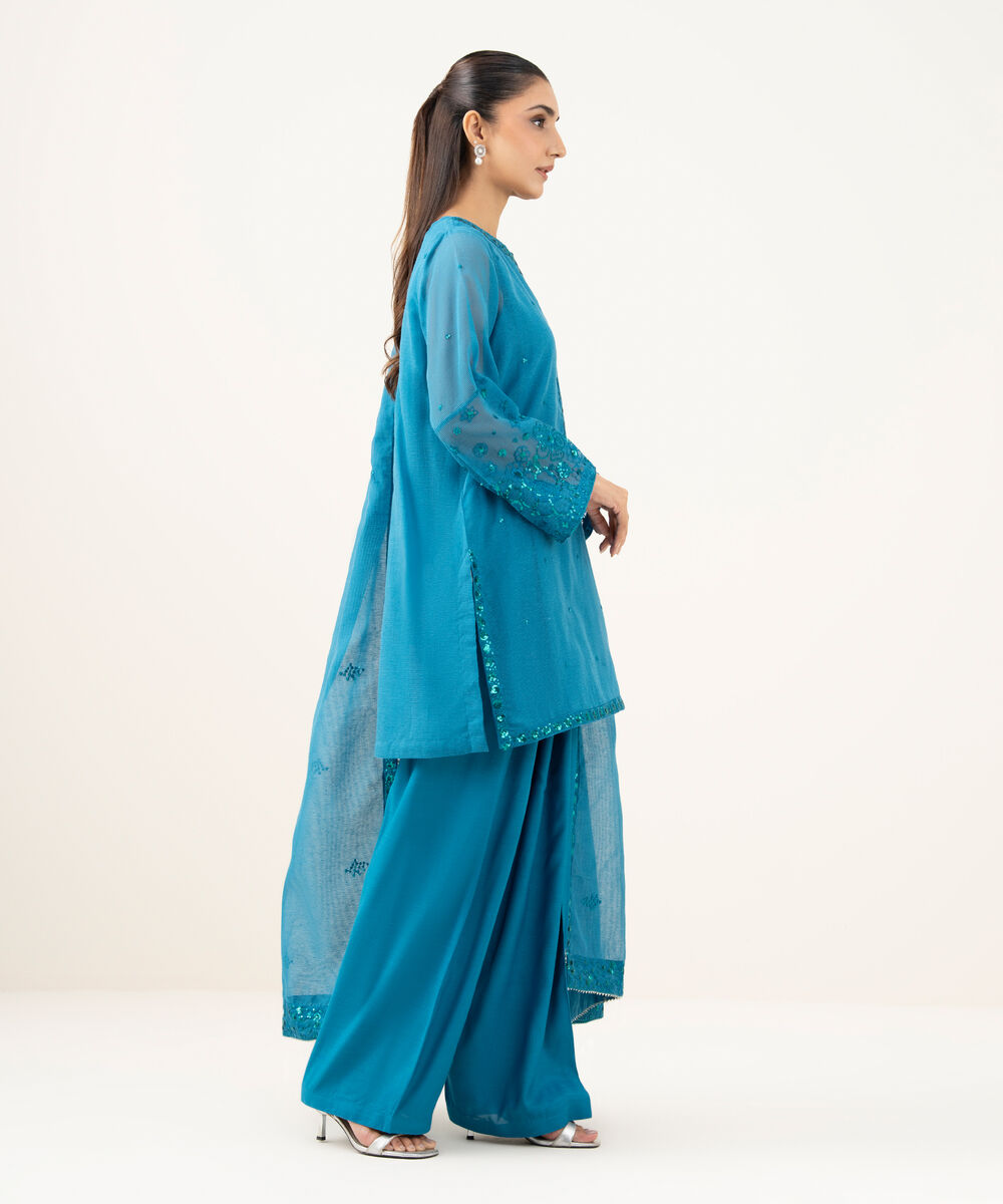 Women's RTW Blended Textured Karandi Blue Dyed Three Piece