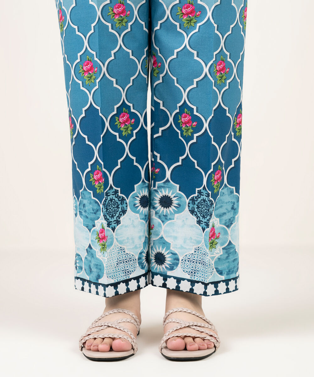 Women's RTW Cambric Printed Blue Straight Pants