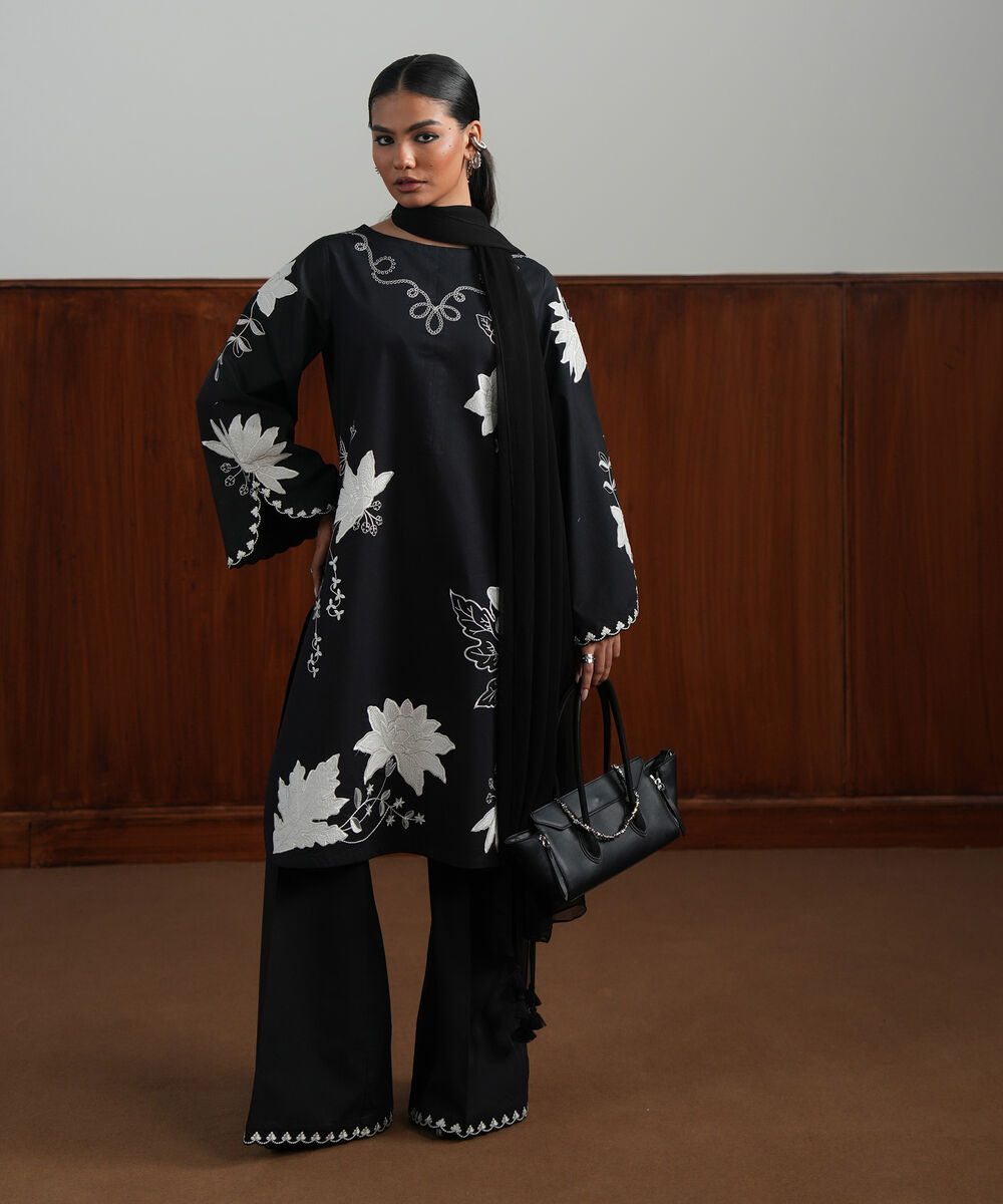Women's Unstitched Textured Lawn Embroidered Black 3 Piece Suit