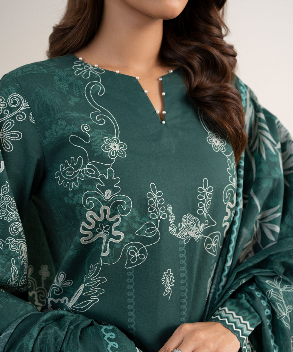 Women's Unstitched Lawn Printed Green 3 Piece Suit