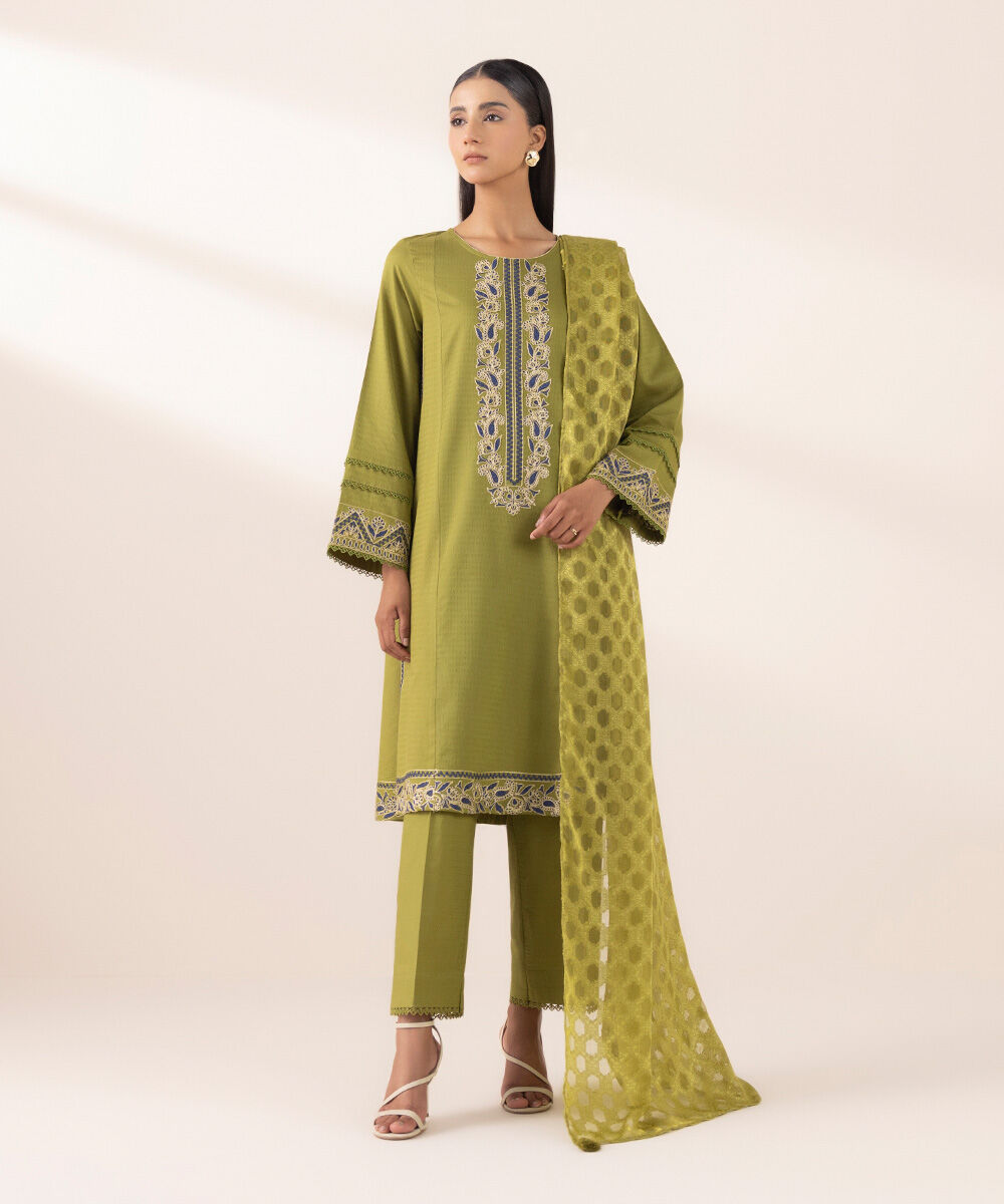 Women's Pret Dobby Green Embroidered A-Line Shirt