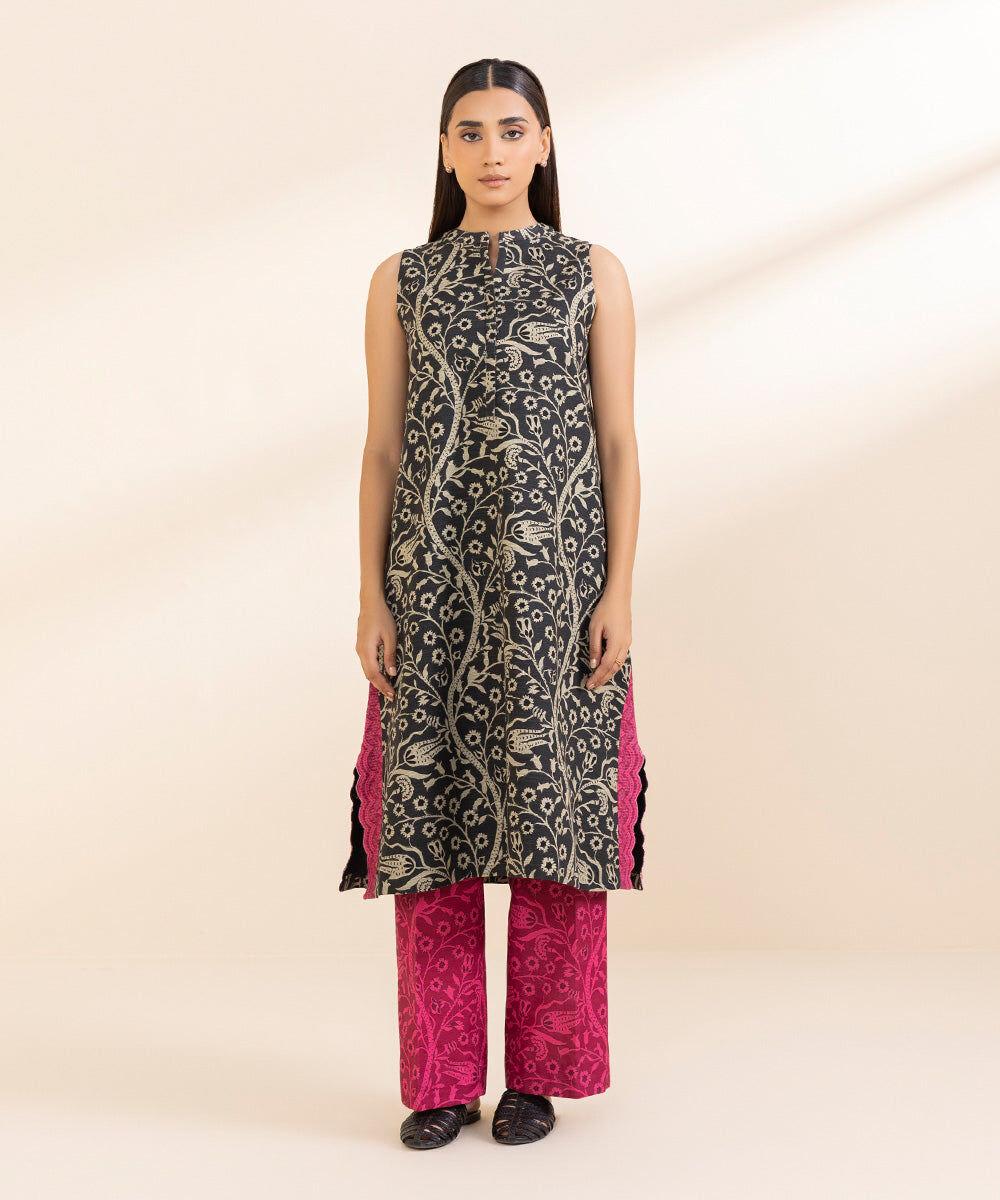 Women's Unstitched Printed Grey & Ivory Khaddar Shirt and Trousers