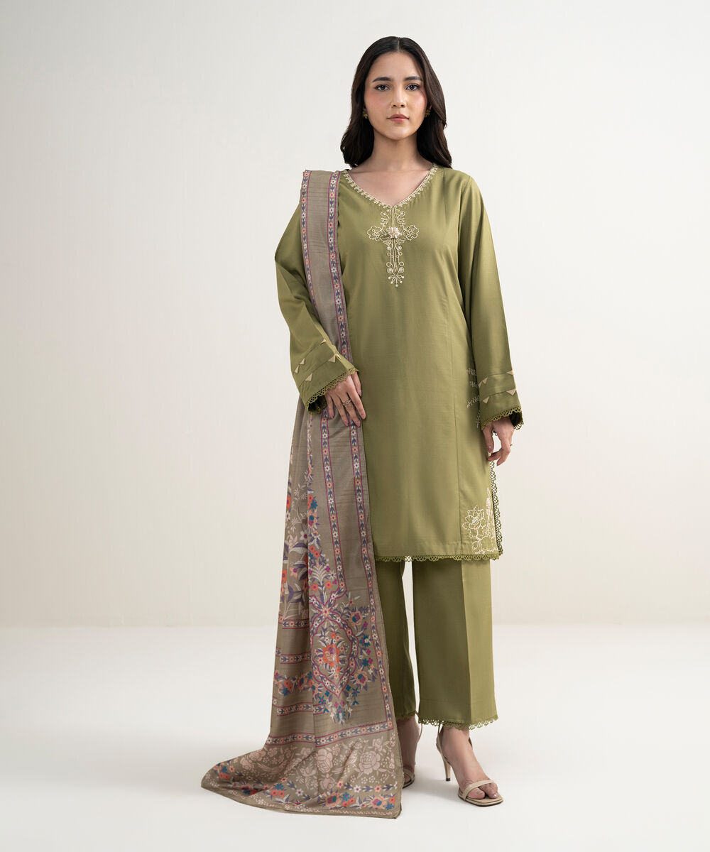 Women's RTW Cotton Viscose Embroidered Green 3 Piece Suit