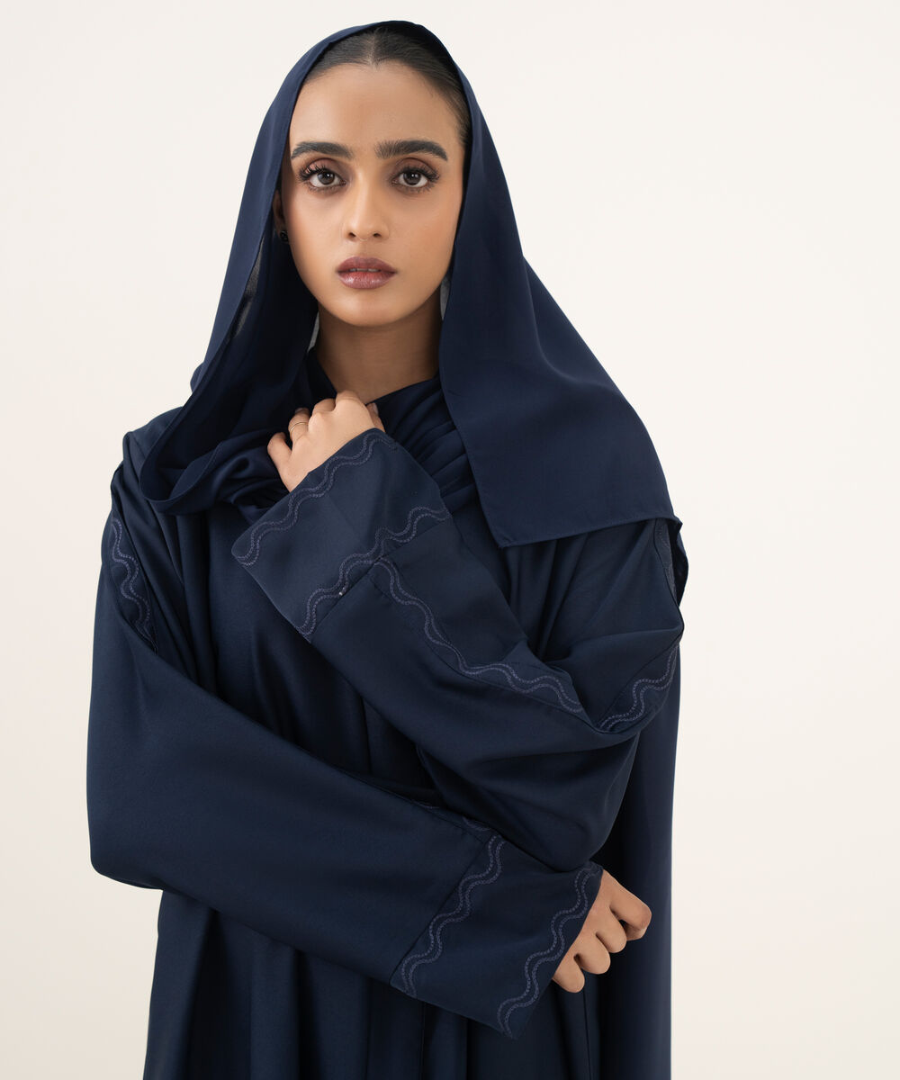 Women's navy blue button through Abaya with embroidery