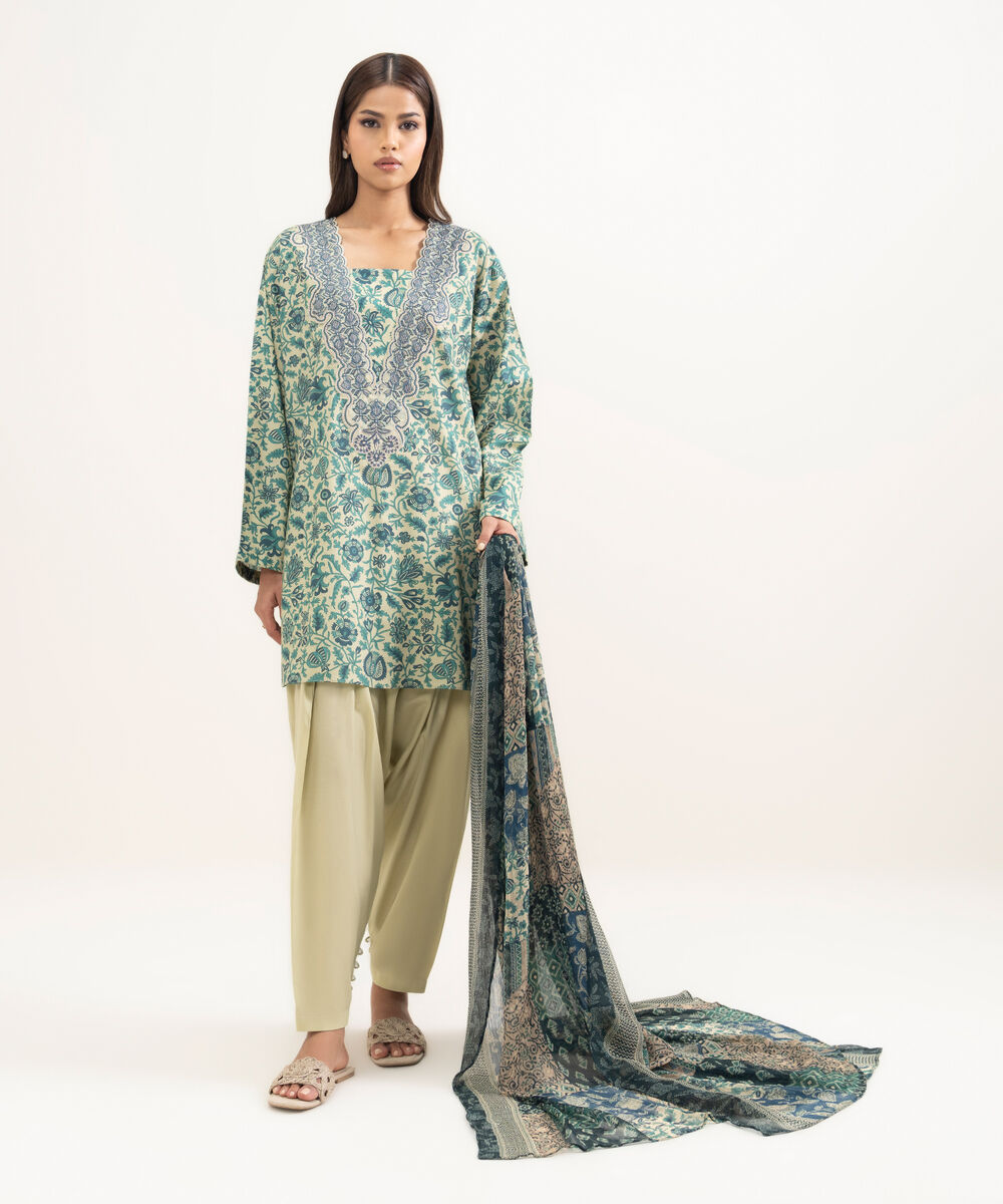 Women's RTW Cotton Viscose Embroidered Green Straight Shirt