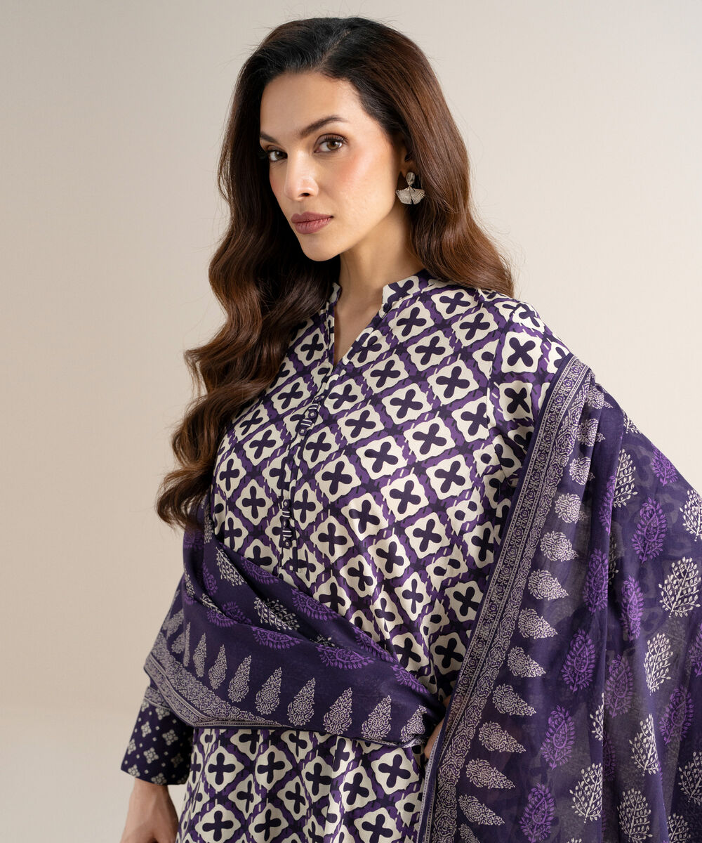 Women's Unstitched Lawn Printed Deep Purple & White  3 Piece Suit