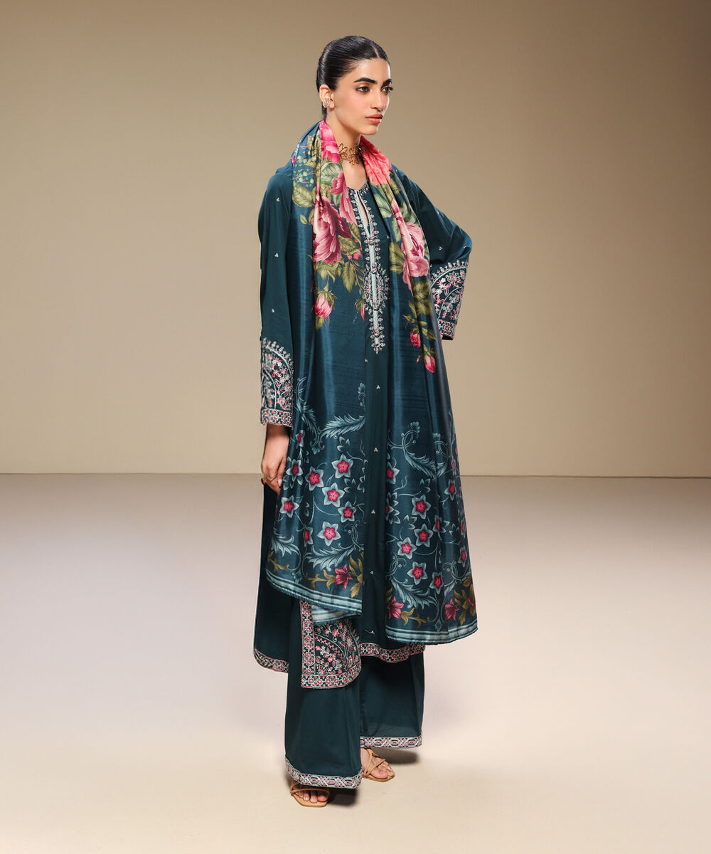 Women's RTW Cotton Viscose Embroidered Green A-Line Shirt