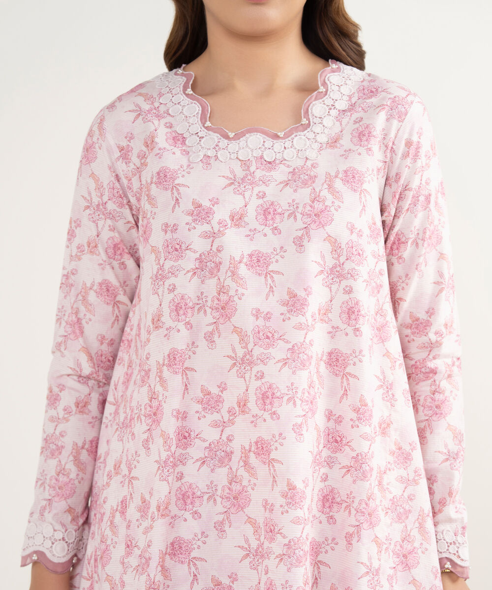 Women's Unstitched Zari Lawn Embroidered Pink 3 Piece Suit