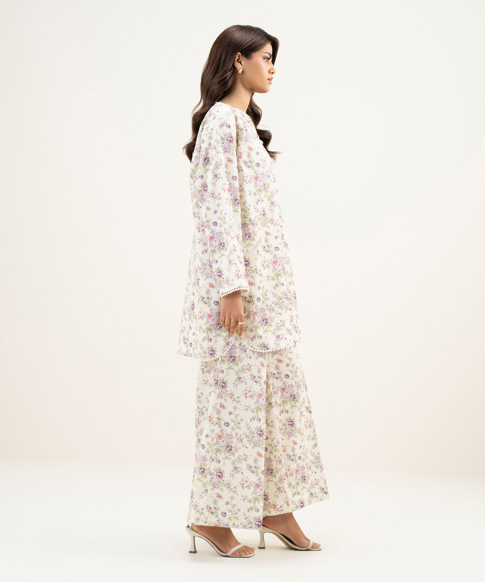 Women's RTW Seersucker Printed Off White Straight Shirt