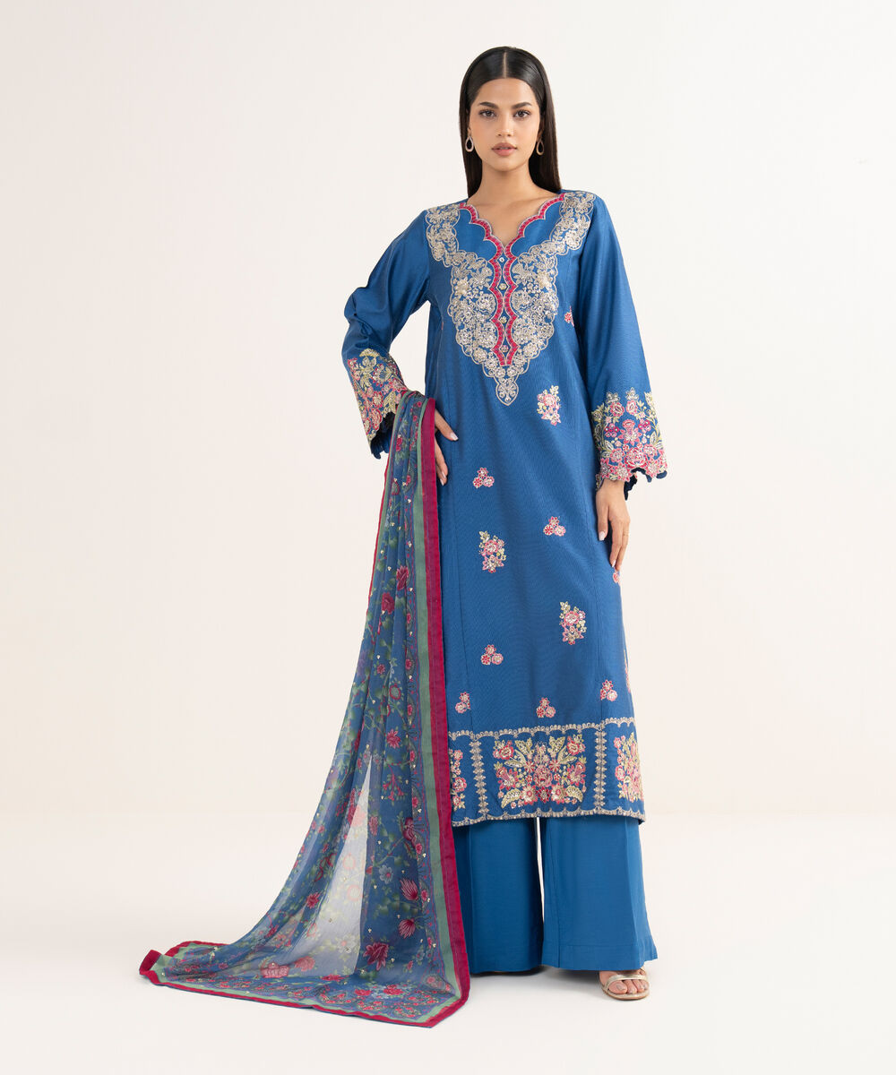 Women's RTW Silk Cotton Net Blue Embroidered 3 Piece Suit