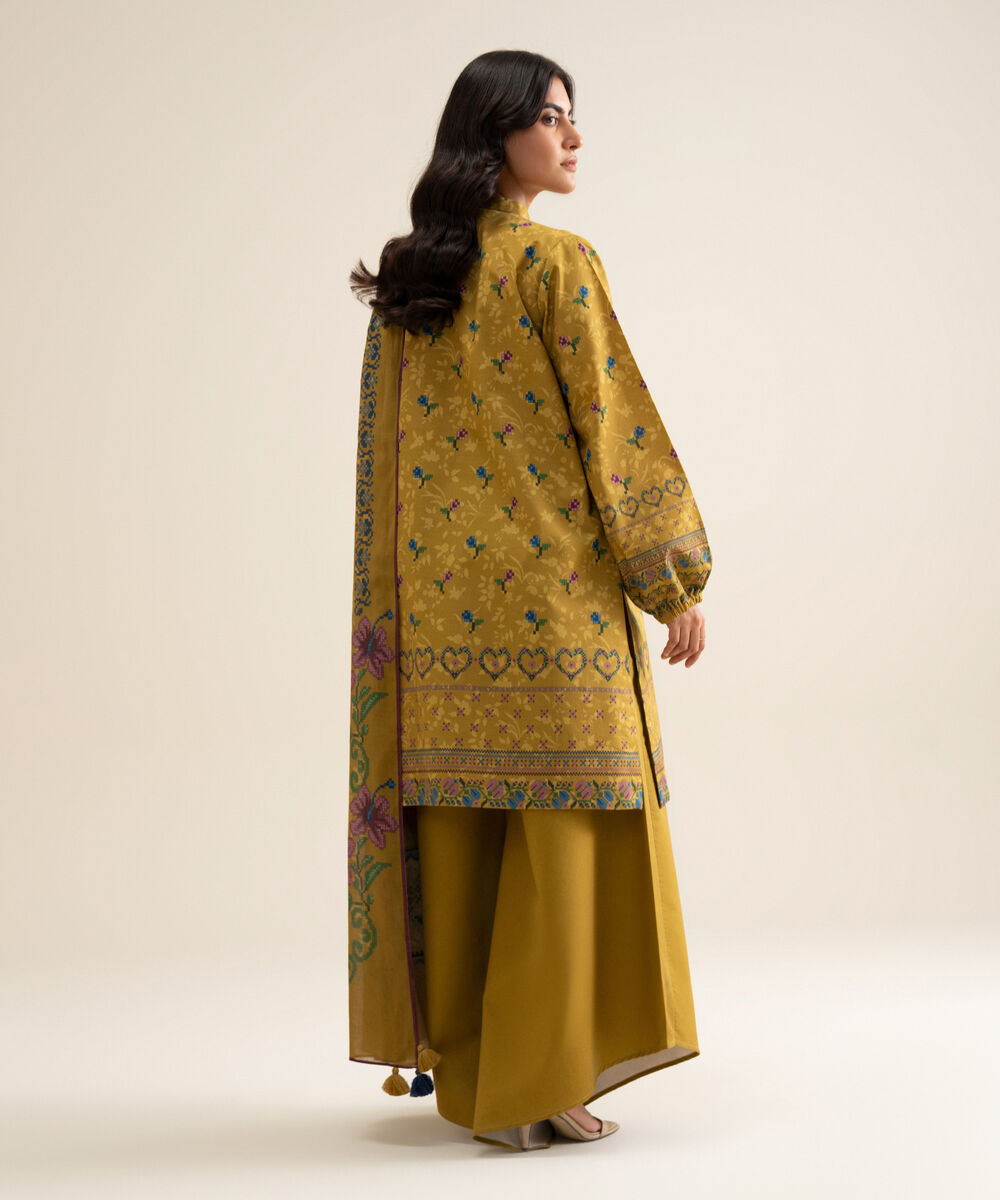 Women's Unstitched Cotton Printed Mustard 3 Piece Suit