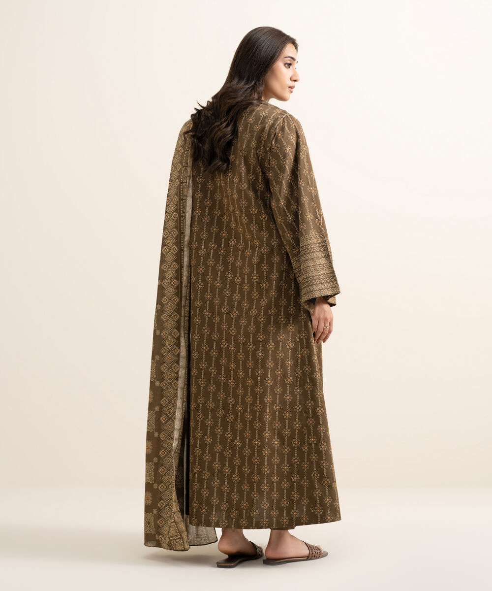 Women's Unstitched Lawn Printed Brown 3 Piece Suit