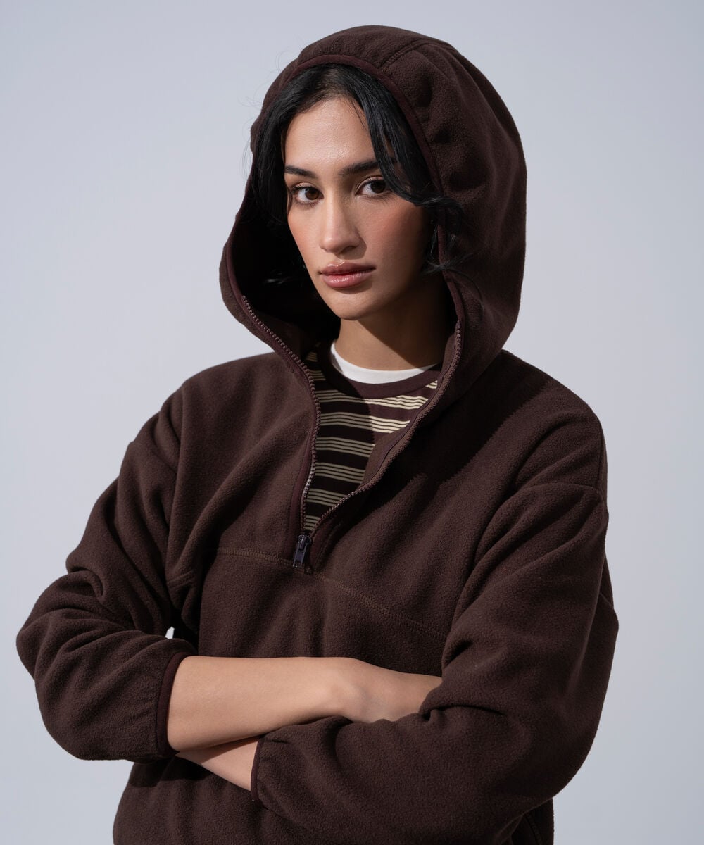 Women's Western Wear Brown Polyester Quarter-Zip Fleece Hoodie