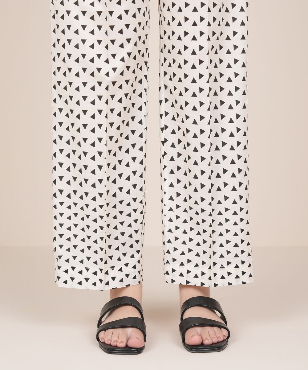 Women's RTW Cambric White Printed Straight Pants