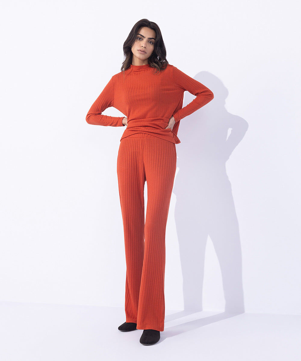 Woman - Orange Ribbed Flared Trousers