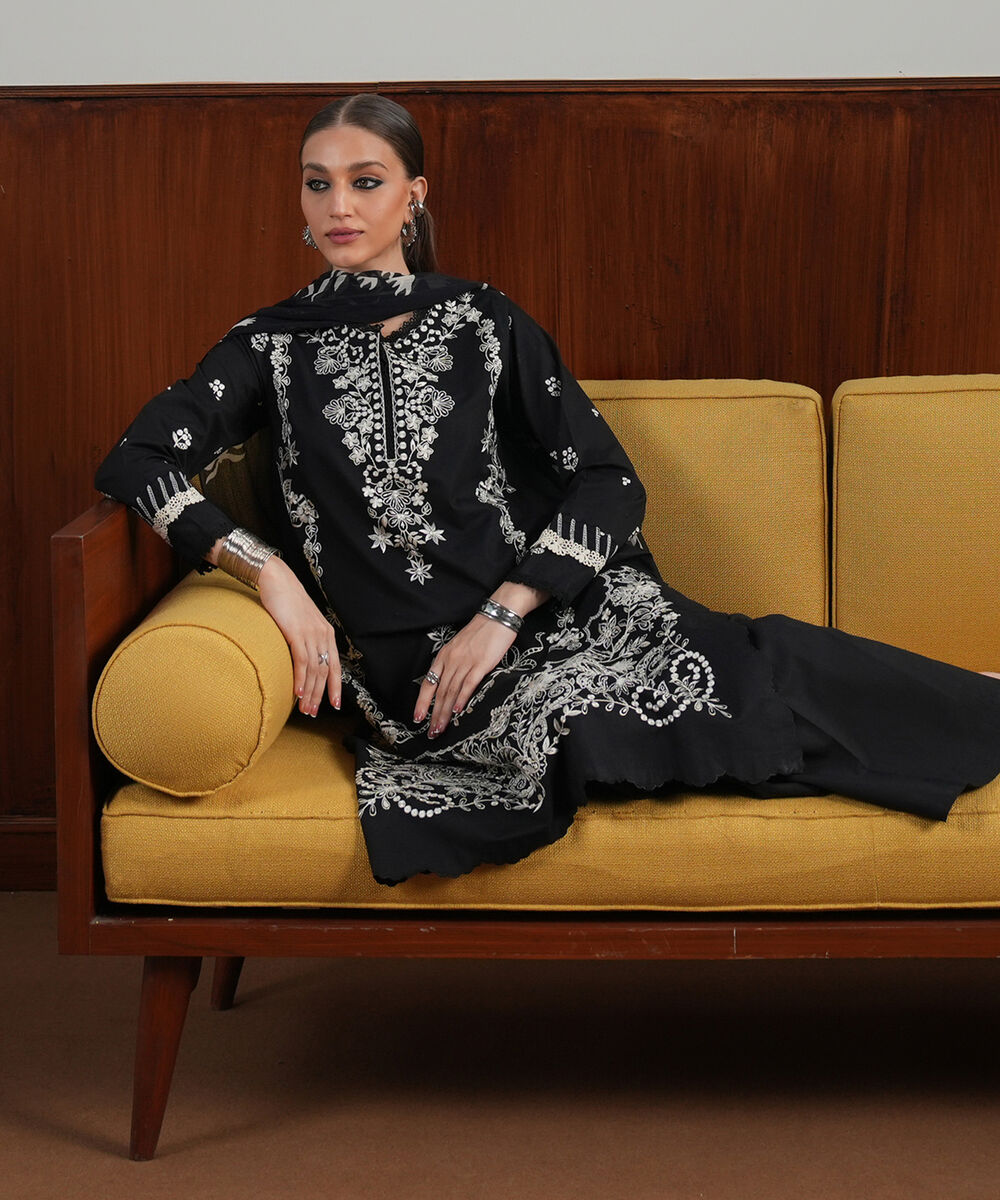 Women's Unstitched Textured Lawn Embroidered Black 3 Piece Suit