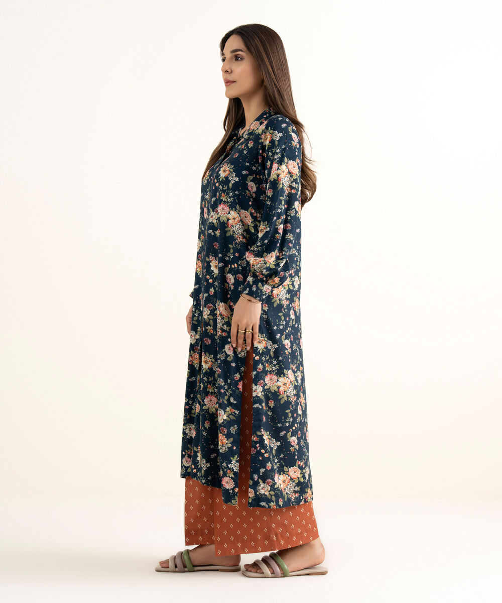 Women's RTW Arabic Lawn Blue Printed Straight Shirt