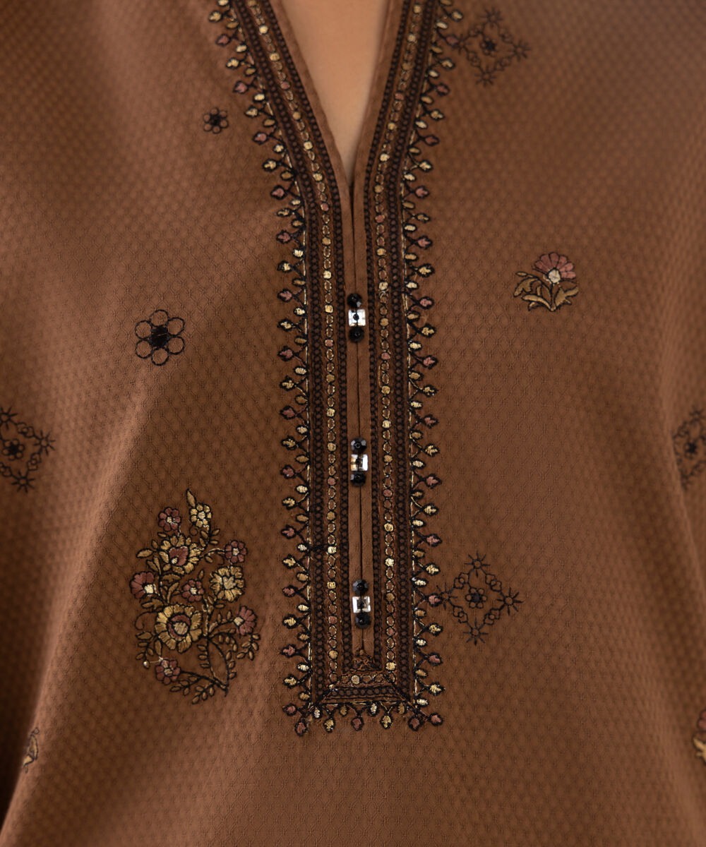 Women's Unstitched Dobby Embroidered Brown Three Piece Suit