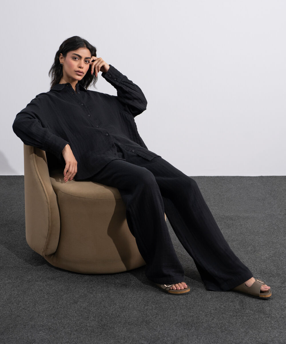 Women's Black Pleated Muslin Trousers