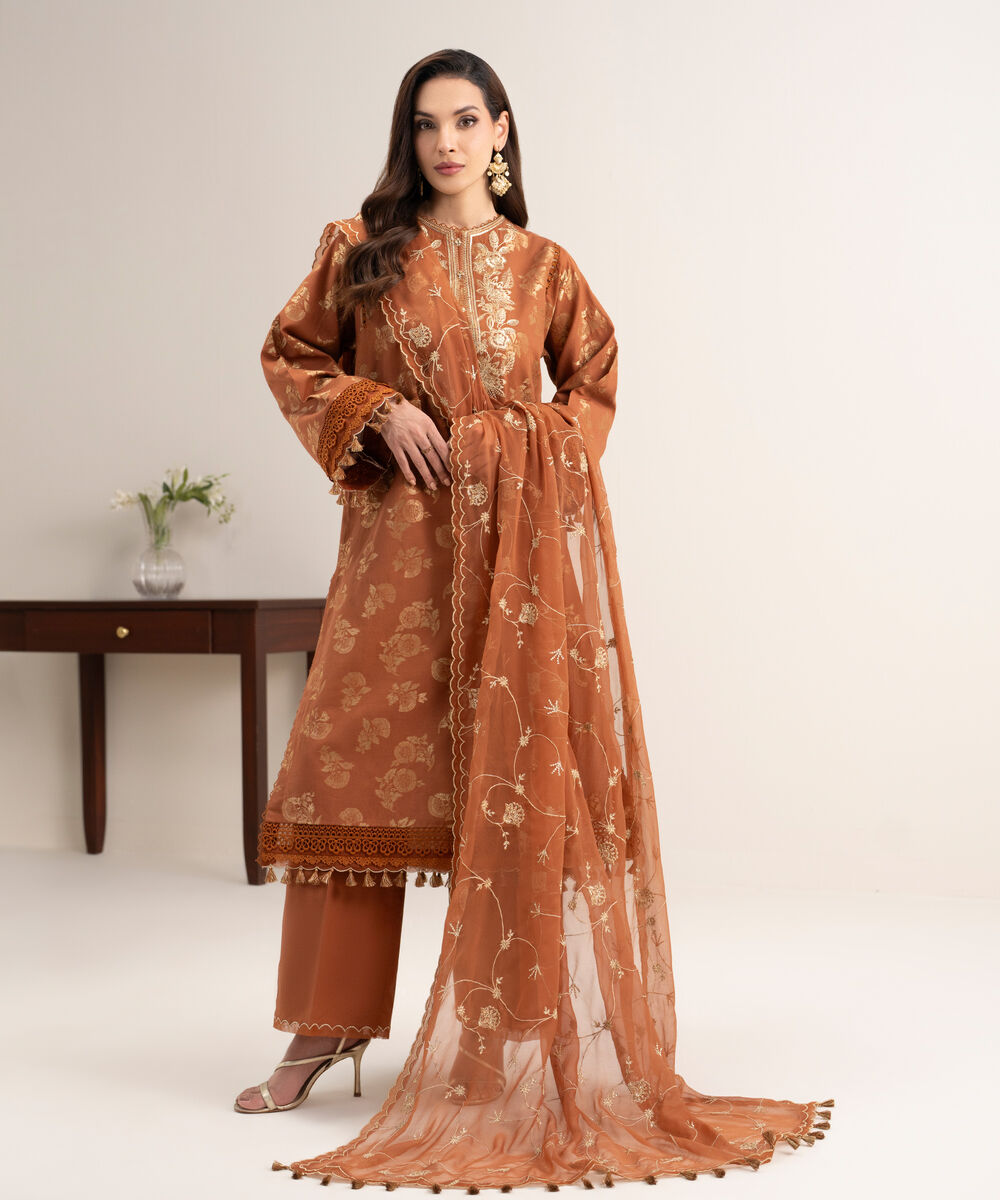 Women's Unstitched Extra Weft Jacquard Embroidered Orange 3 Piece Suit