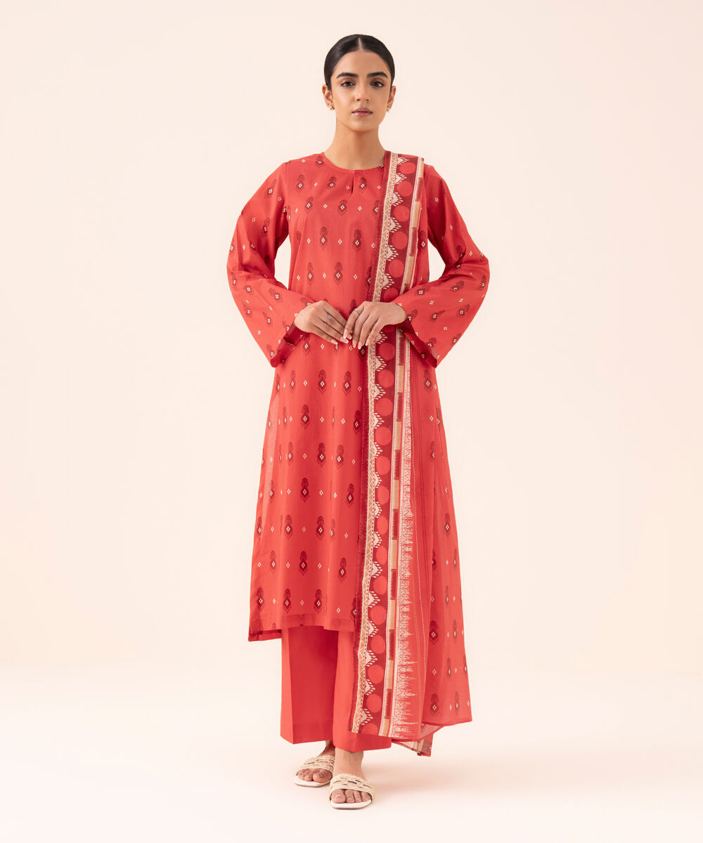 Women's Unstitched Cotton Printed Red Three Piece Suit