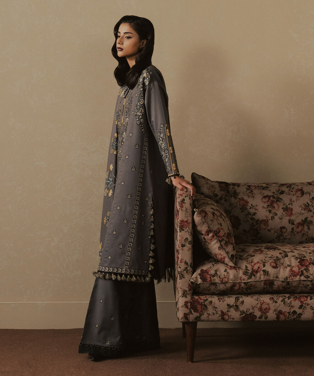 Women's Unstitched Embroidered Fine Cotton Satin Grey 3 Piece Suit