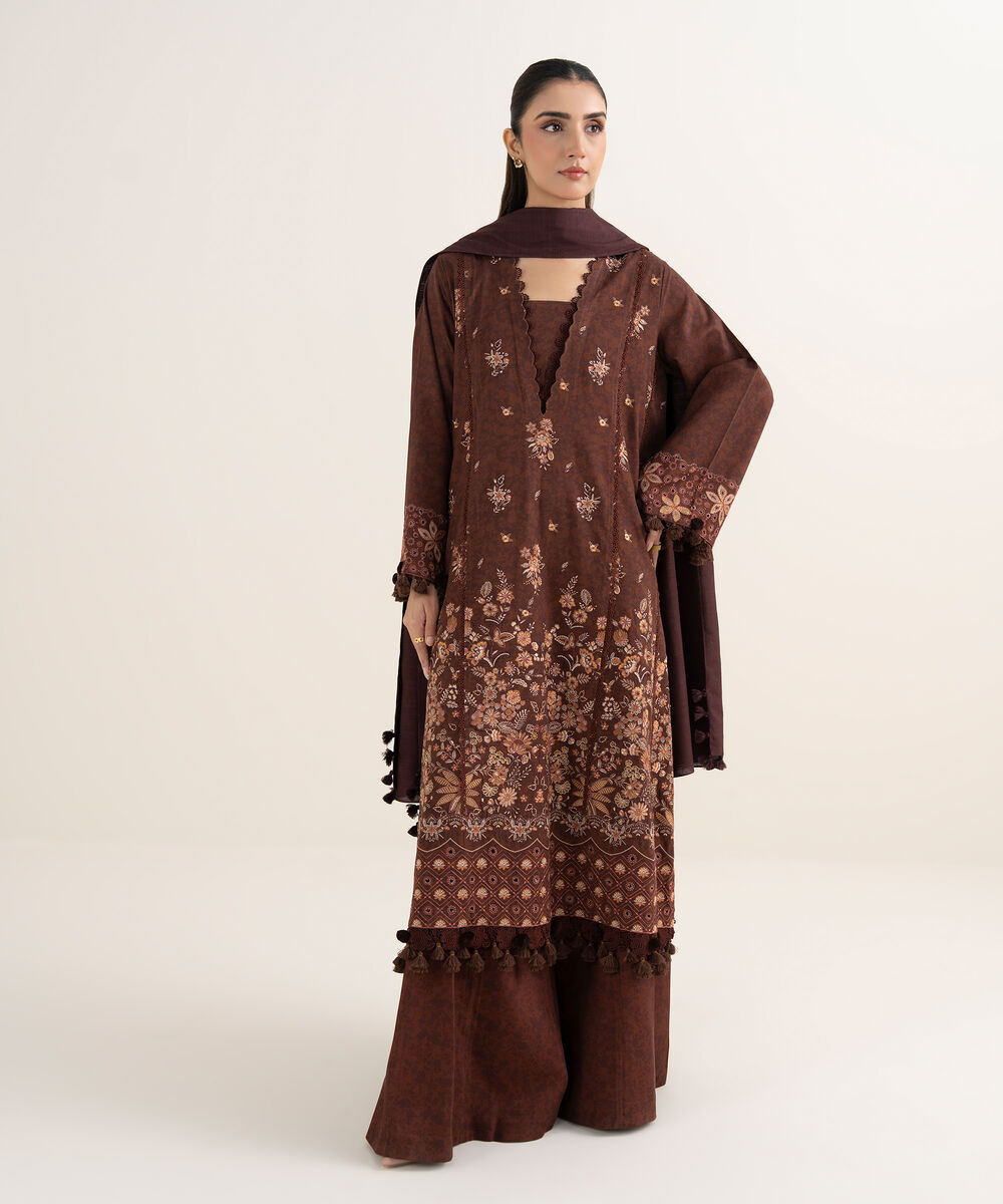Women's Unstitched Embroidered Twill Brown 3 Piece Suit