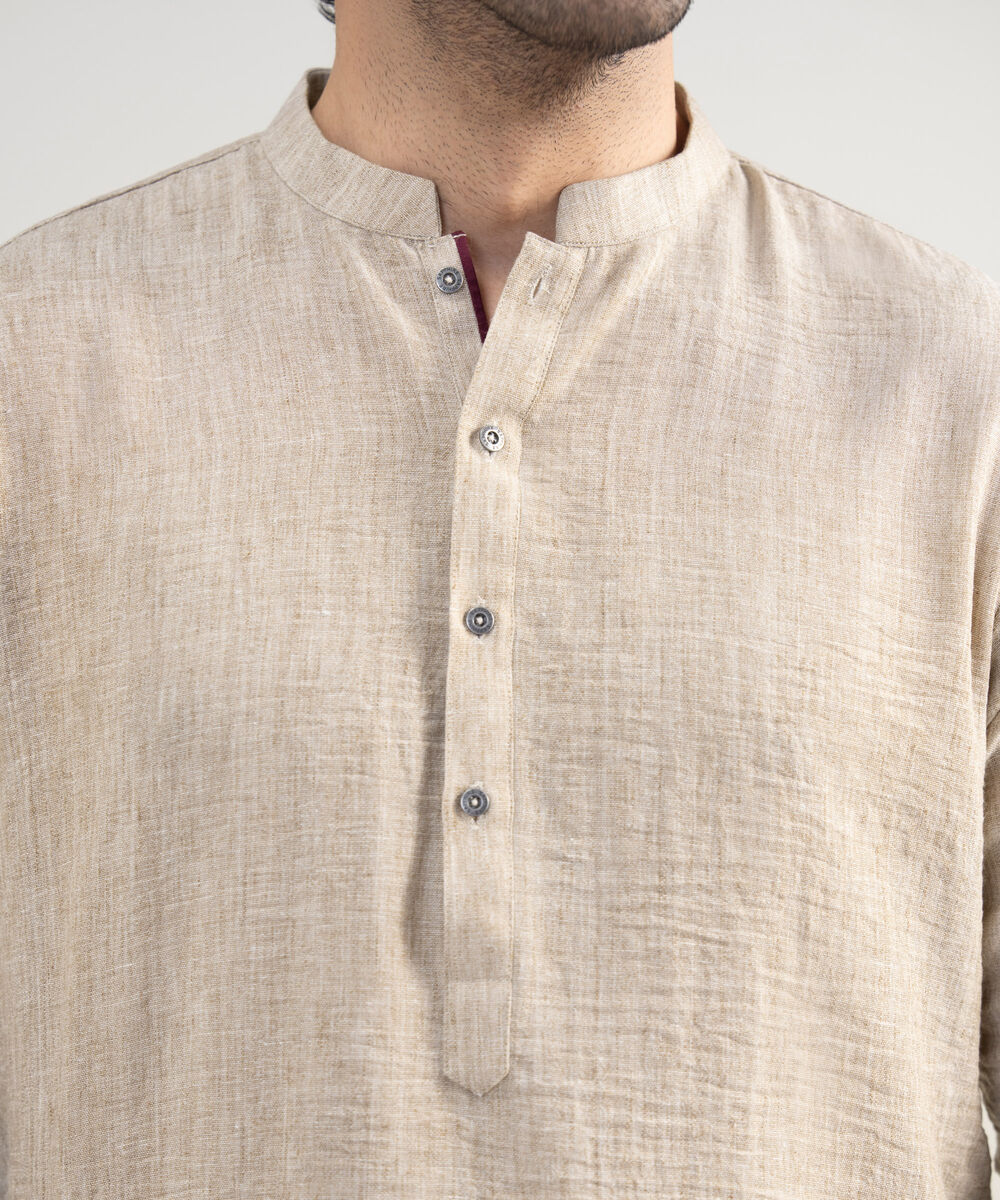 Men's Stitched Blended Linen Beige Suit