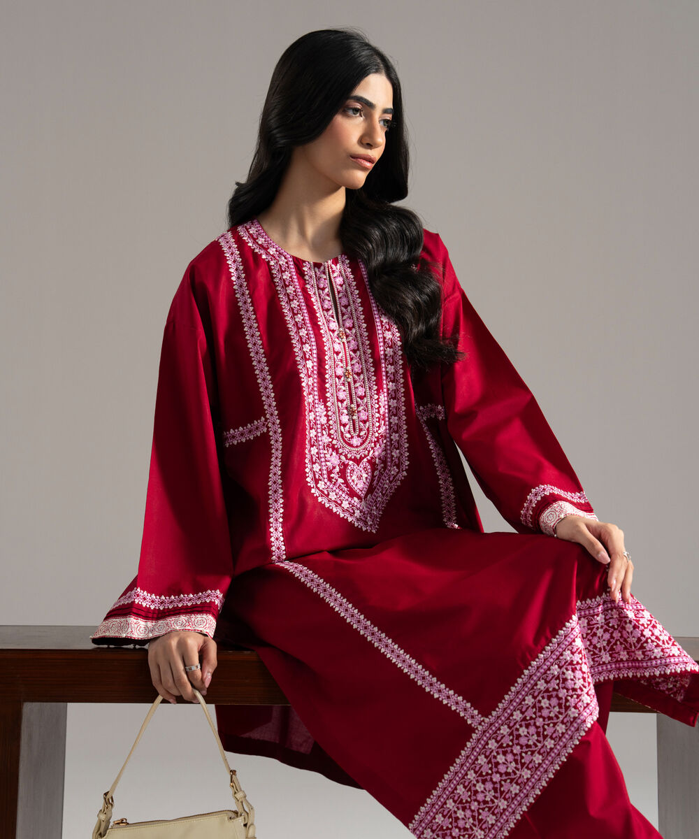 Women's RTW  Cambric Solid Embroidered Maroon Drop Shoulder