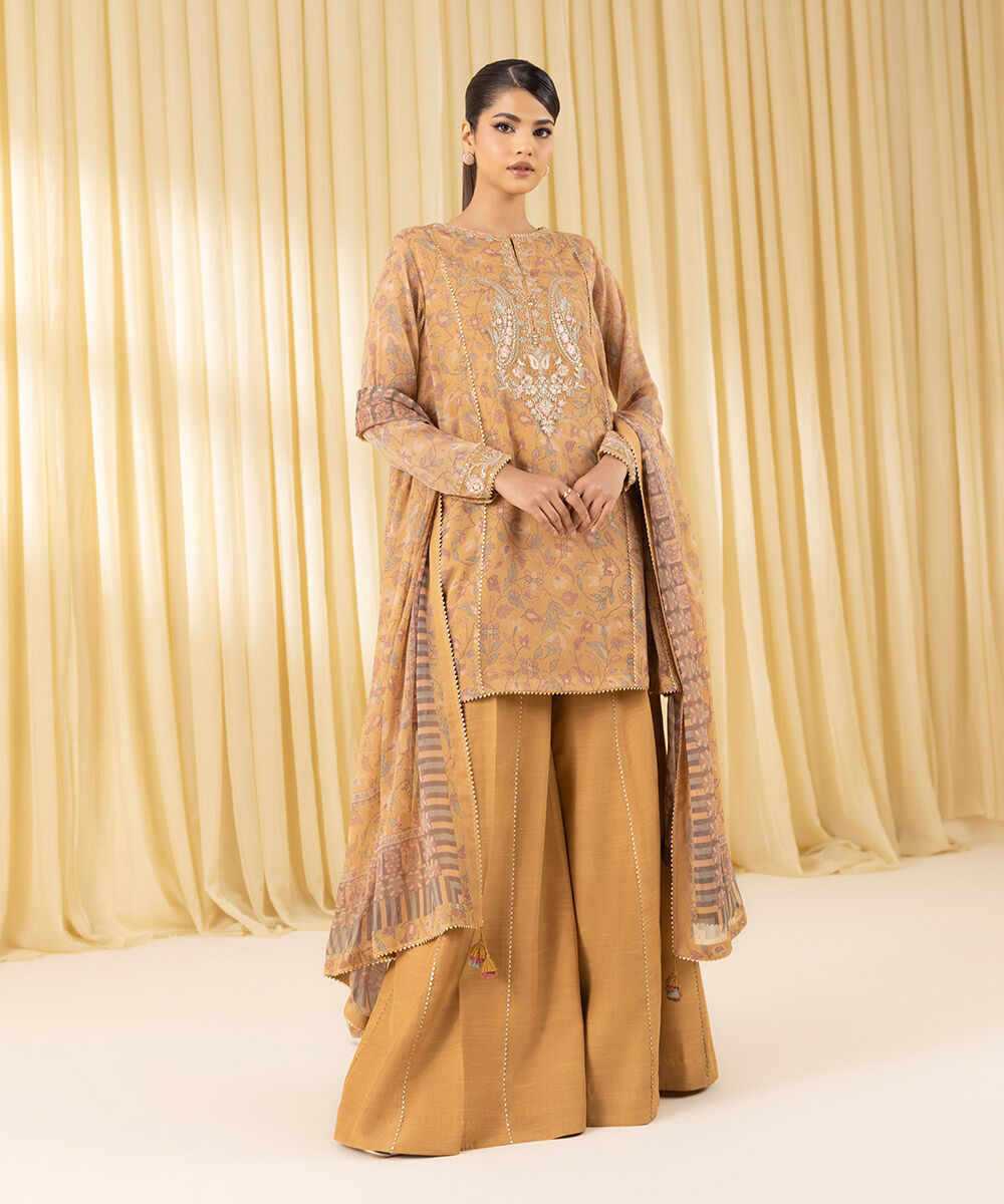 Unstitched Women's Yellow Chiffon Embroidered 3 Piece Suit