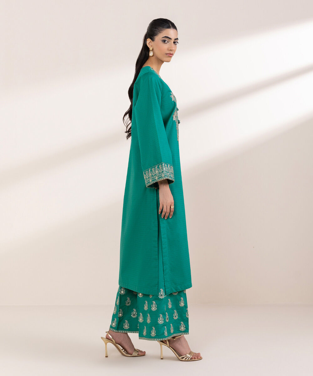 Women's RTW Dobby Green Embroidered A-Line Shirt