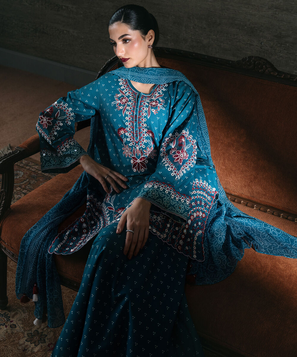 Women's Unstitched Lawn Embroidered Blue 3 Piece Suit