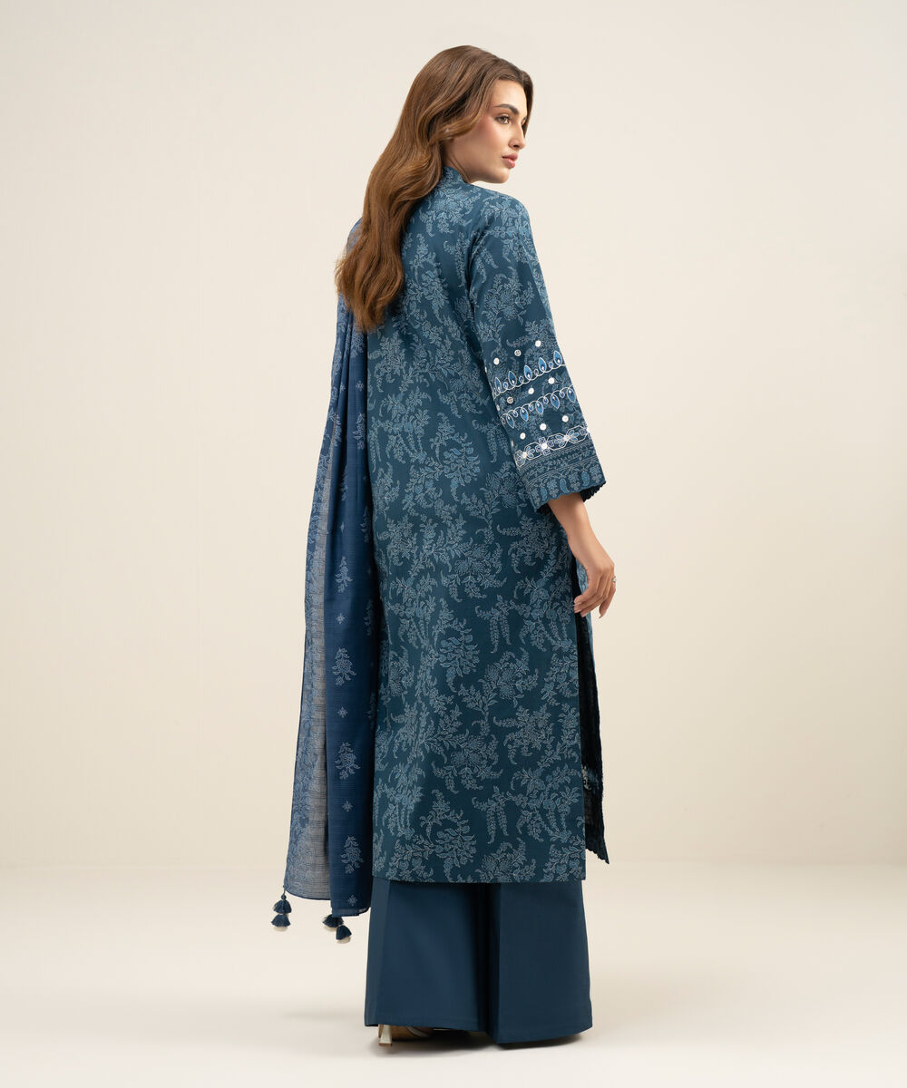 Women's Unstitched Lawn Embroidered Blue 3 Piece Suit